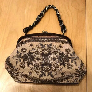 Marco Avane tapestry and velvet kiss lock close purse.